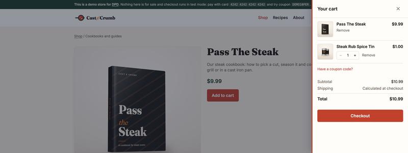 The DPD cart drawer open on a product page of the Cast & Crumb demo store